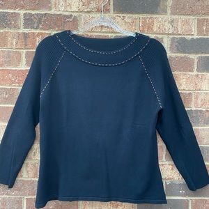 Harold’s black boatneck sweater w/brown contrast stitching, size XL.